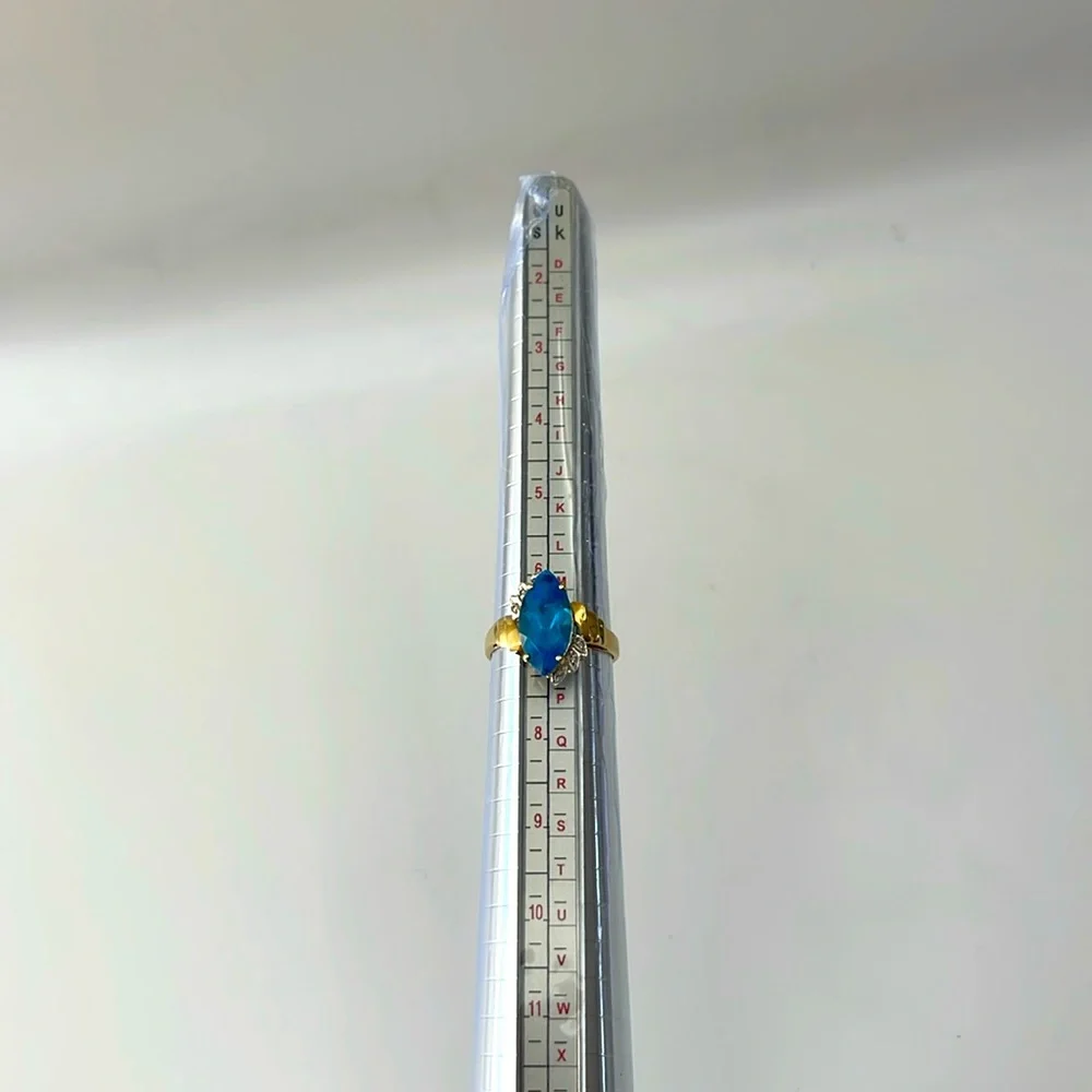 14K Yellow Gold Marquise Blue Topaz Diamond Anniversary Cocktail Statement Sz 7